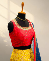Red & yellow lehenga with knitted duppata