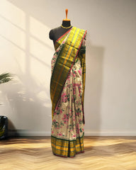 Golden & cream digital print kanchi saree