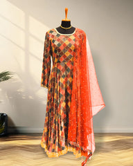 Boat neck anarkali with knitted duppata