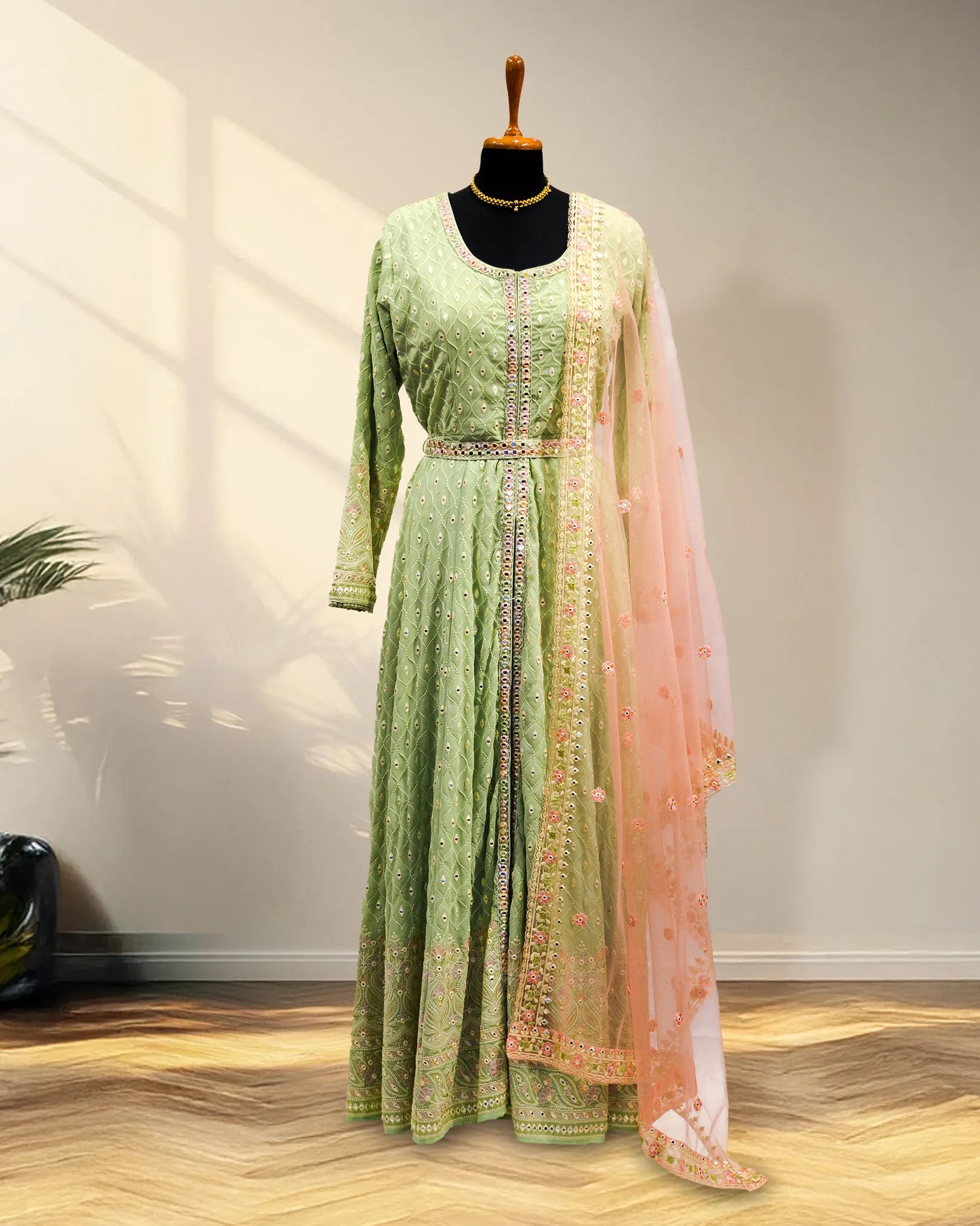 Mirror work with oval neck Long gown