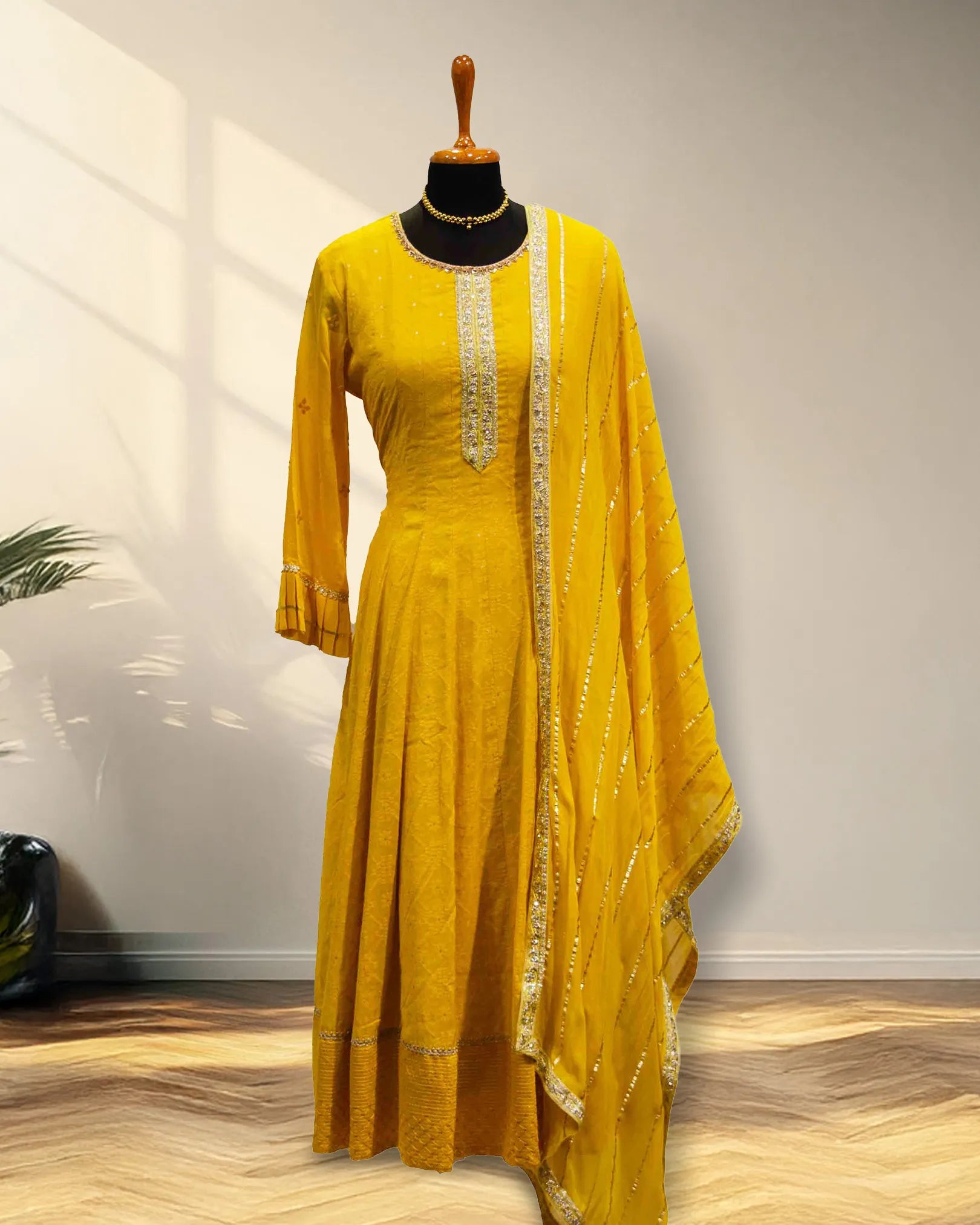 Round neck yellow anarkali