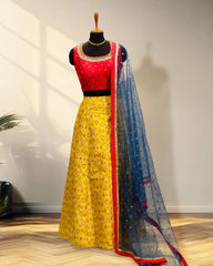 Red & yellow lehenga with knitted duppata