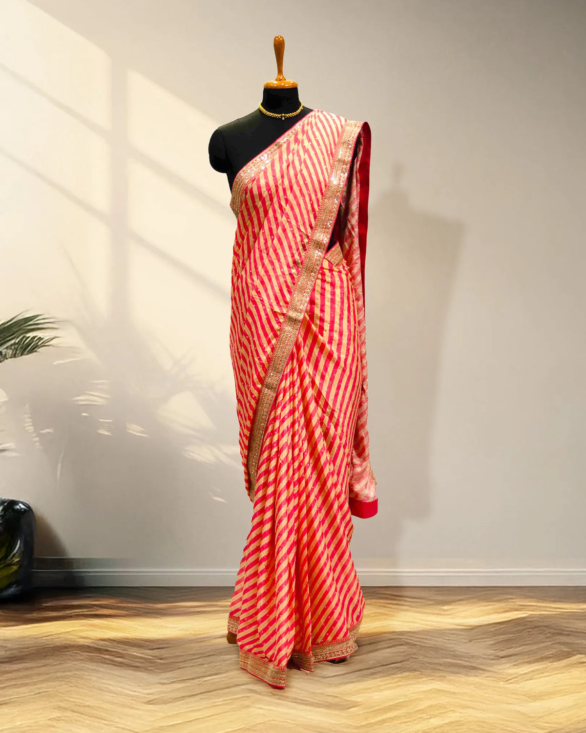 Strips pink and cream fancy saree