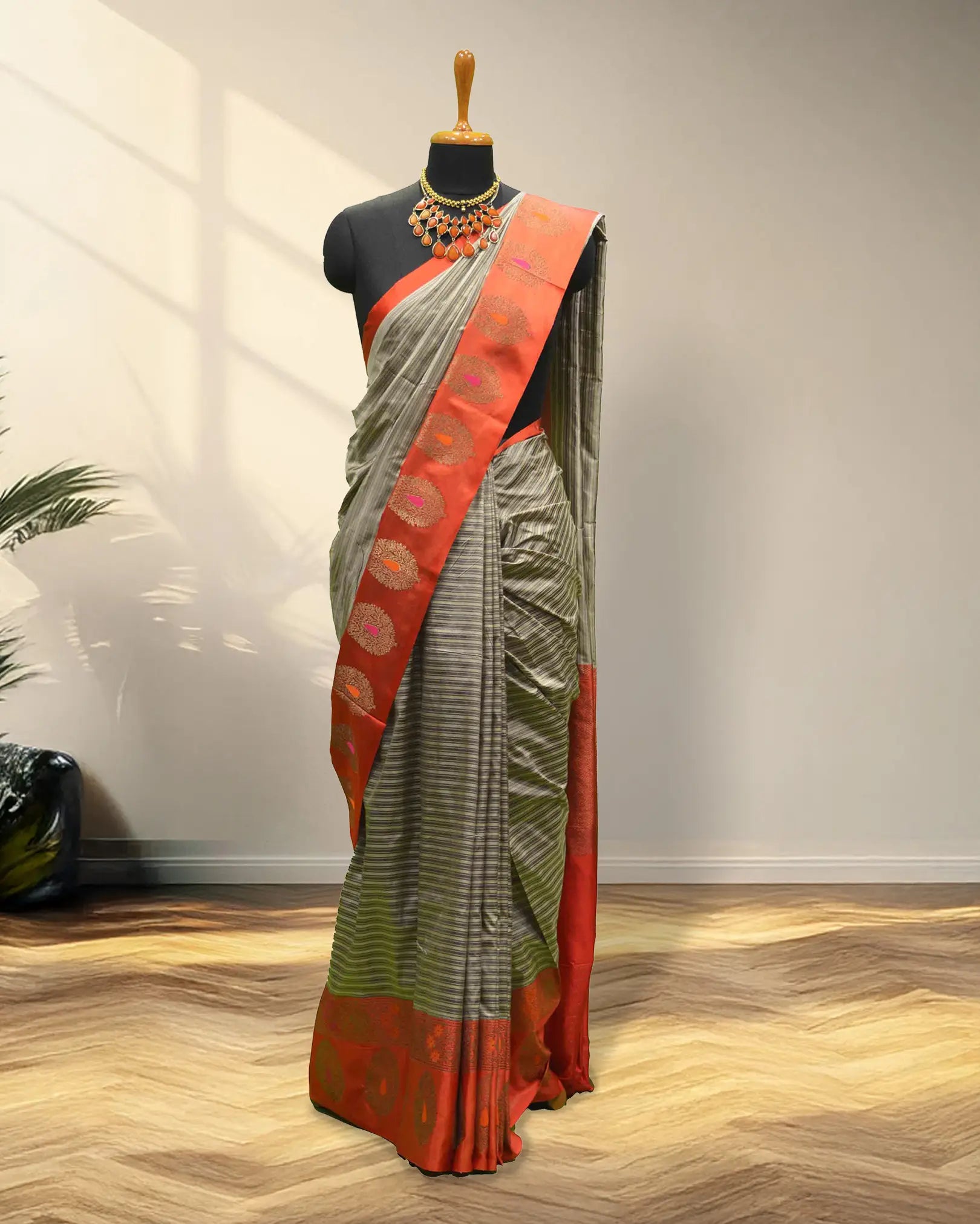 Grey and orange Banarasi Saree