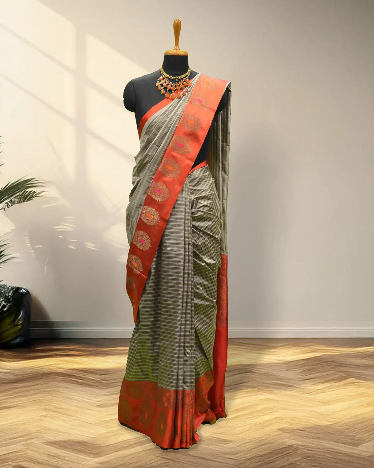 Grey and orange Banarasi Saree
