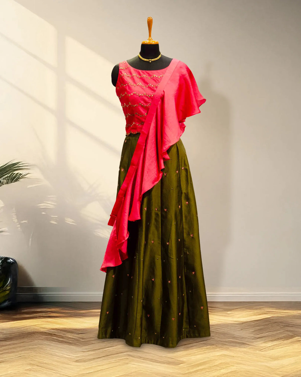 Sleeveless with ruffels duppata  lehenga