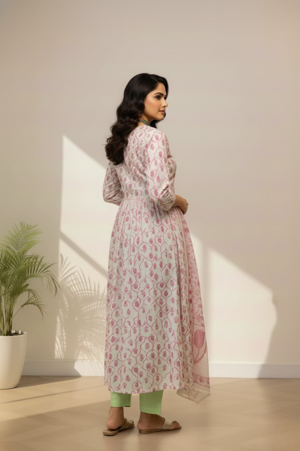 white cotton kurti set in lavender floral print