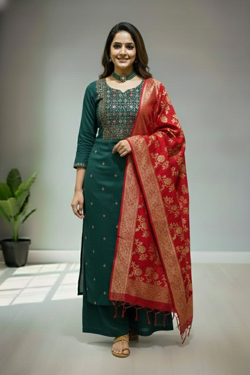 Tusser Green Round neckline with Slit kurti material