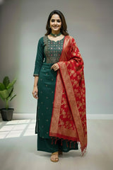 Tusser Green Round neckline with Slit kurti material