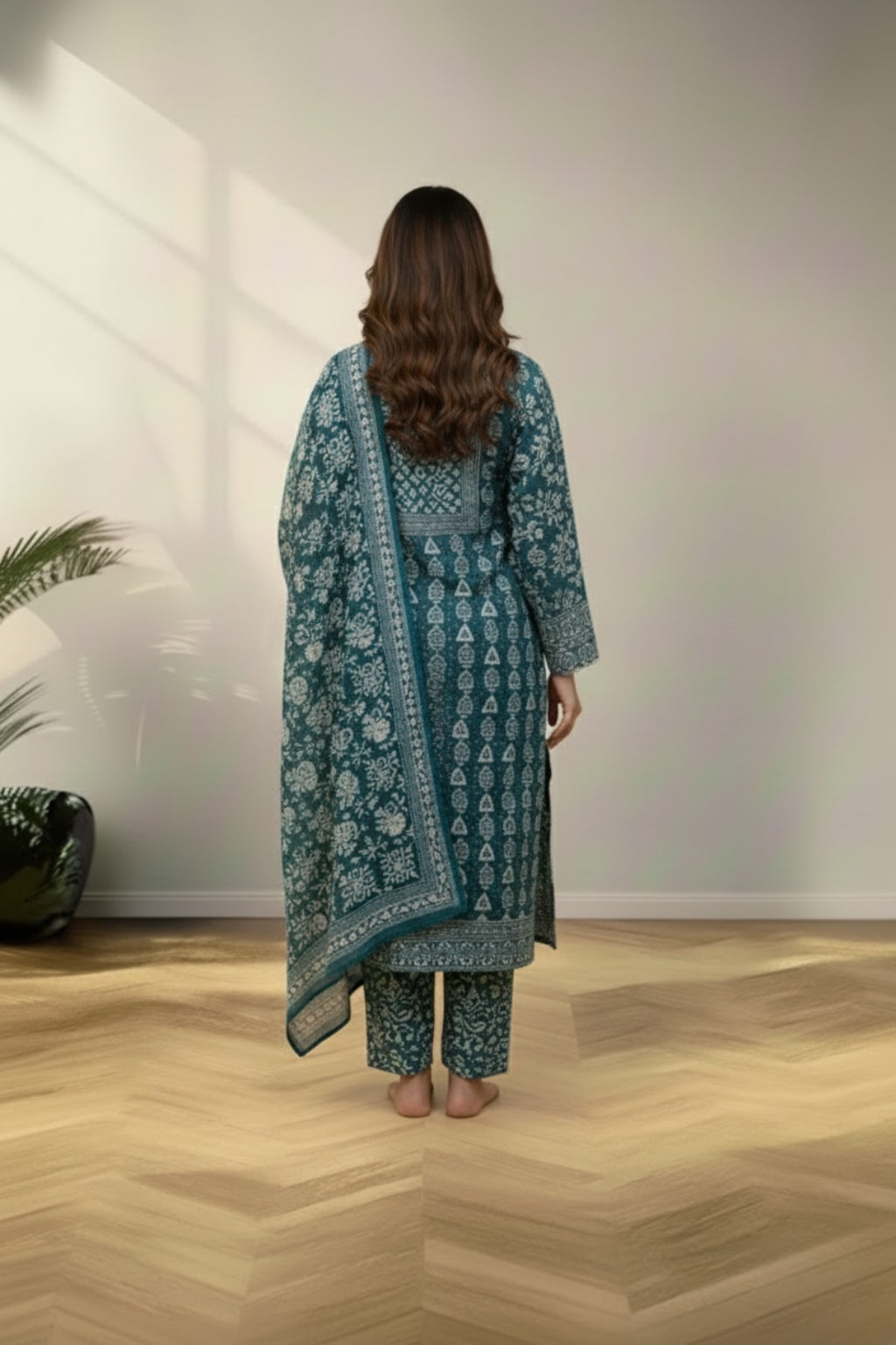 Green V neckline cotton kurti set