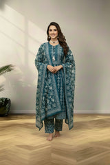 Green V neckline cotton kurti set