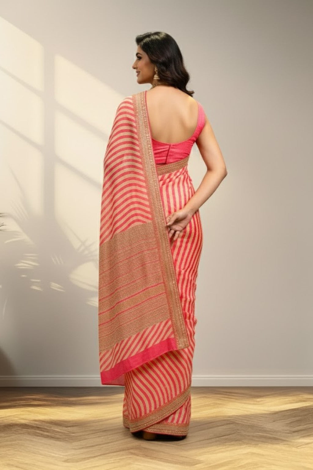 Strips pink and cream fancy saree