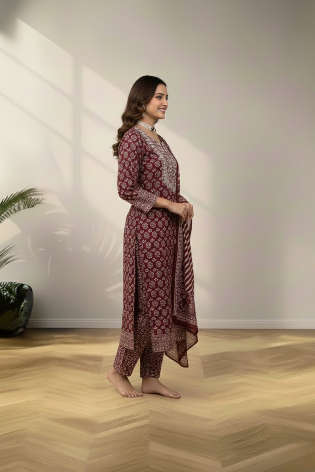 Round neckline crape cotton kurti set