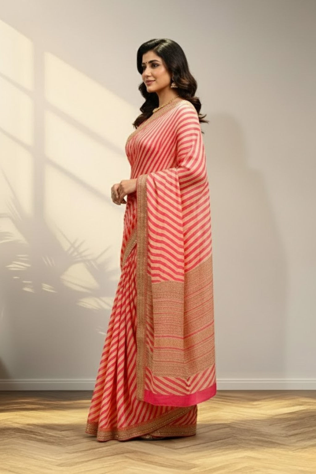 Strips pink and cream fancy saree