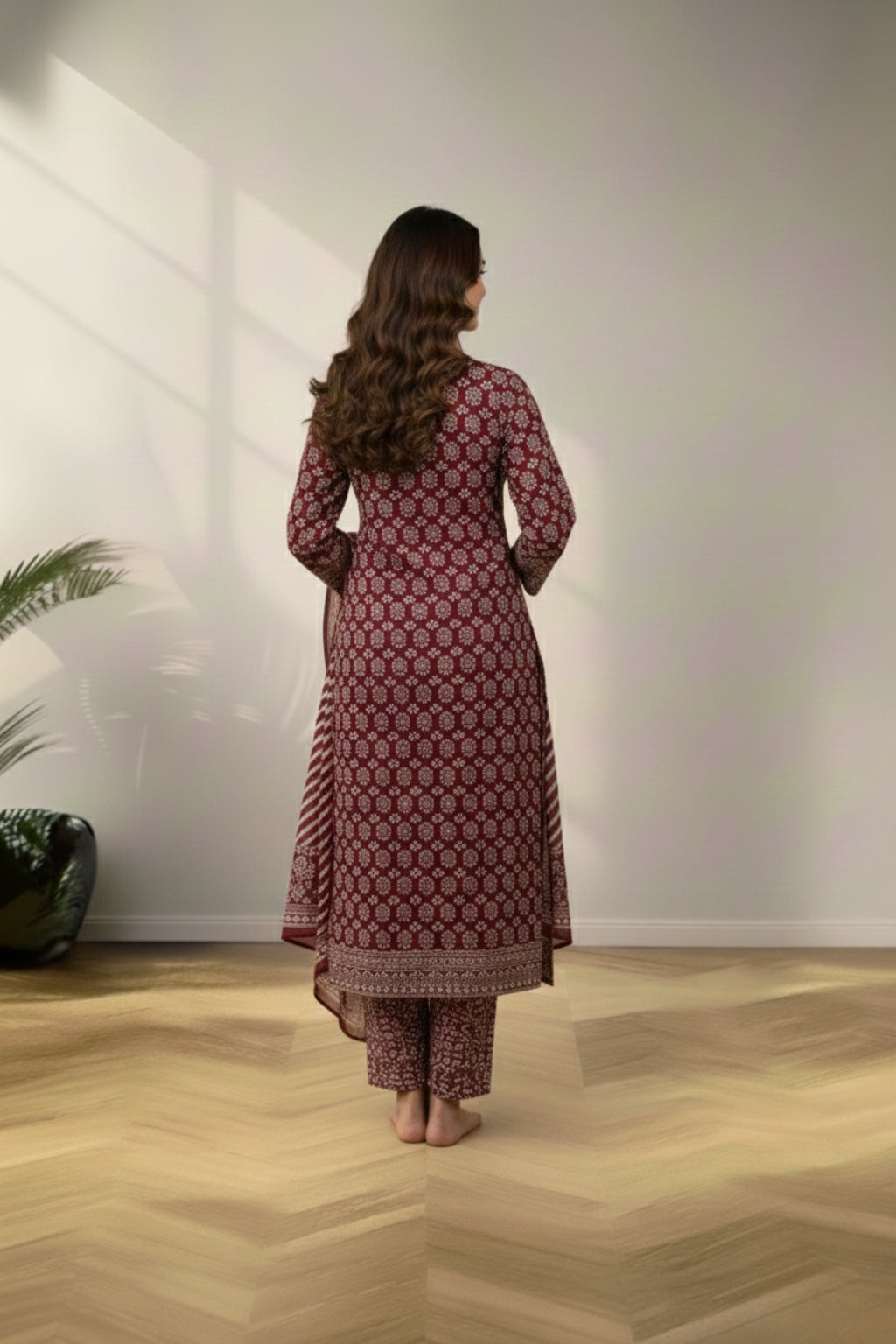 Round neckline crape cotton kurti set