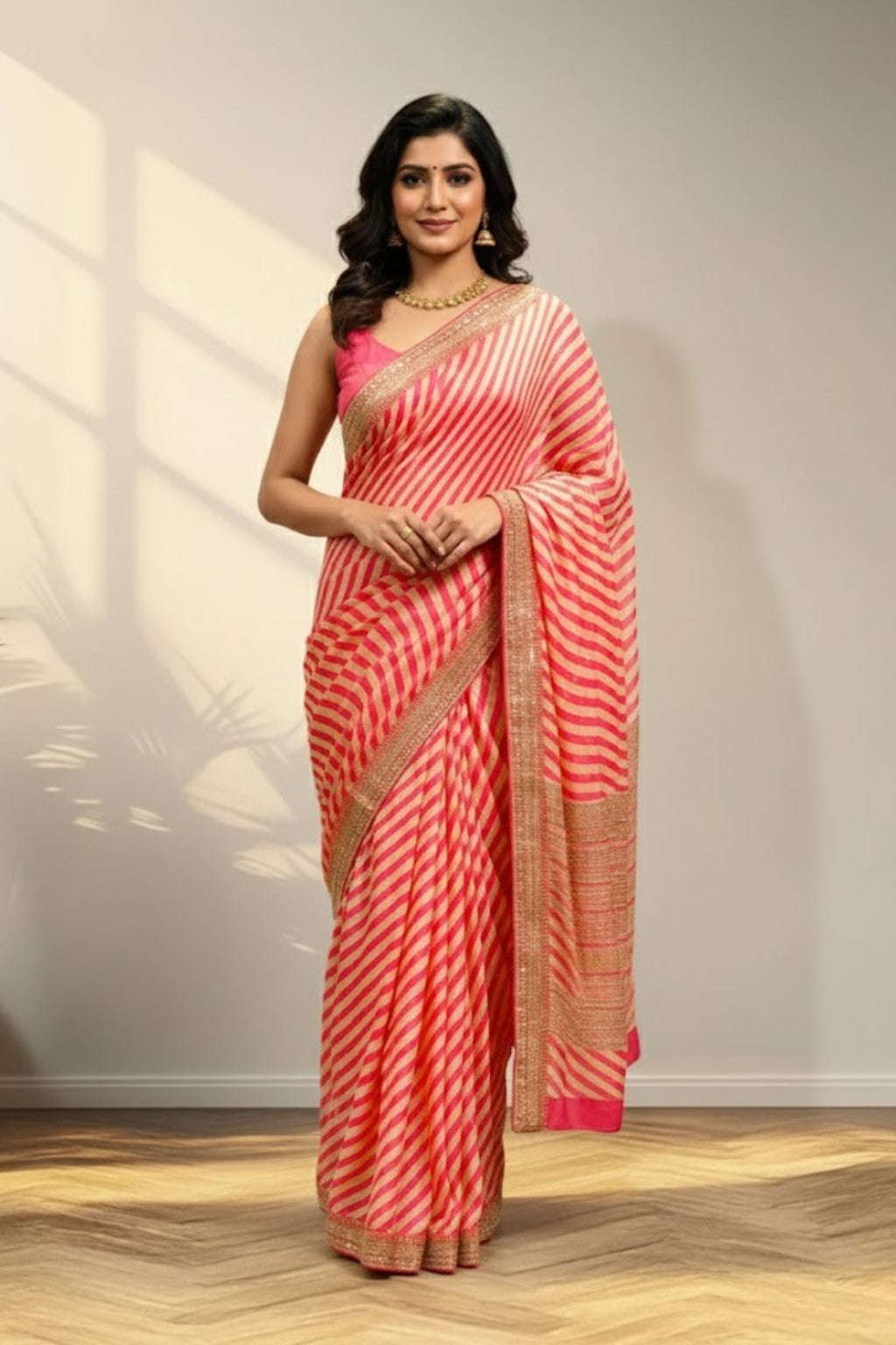Strips pink and cream fancy saree