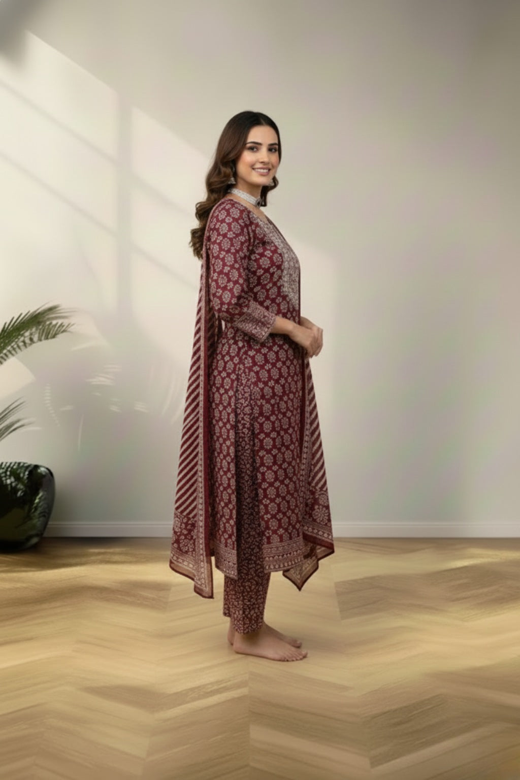 Round neckline crape cotton kurti set