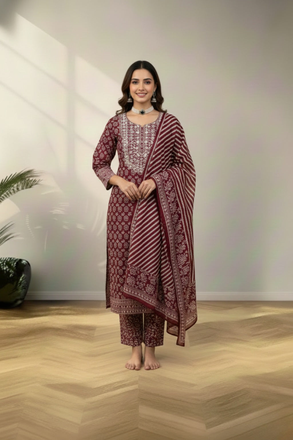 Round neckline crape cotton kurti set