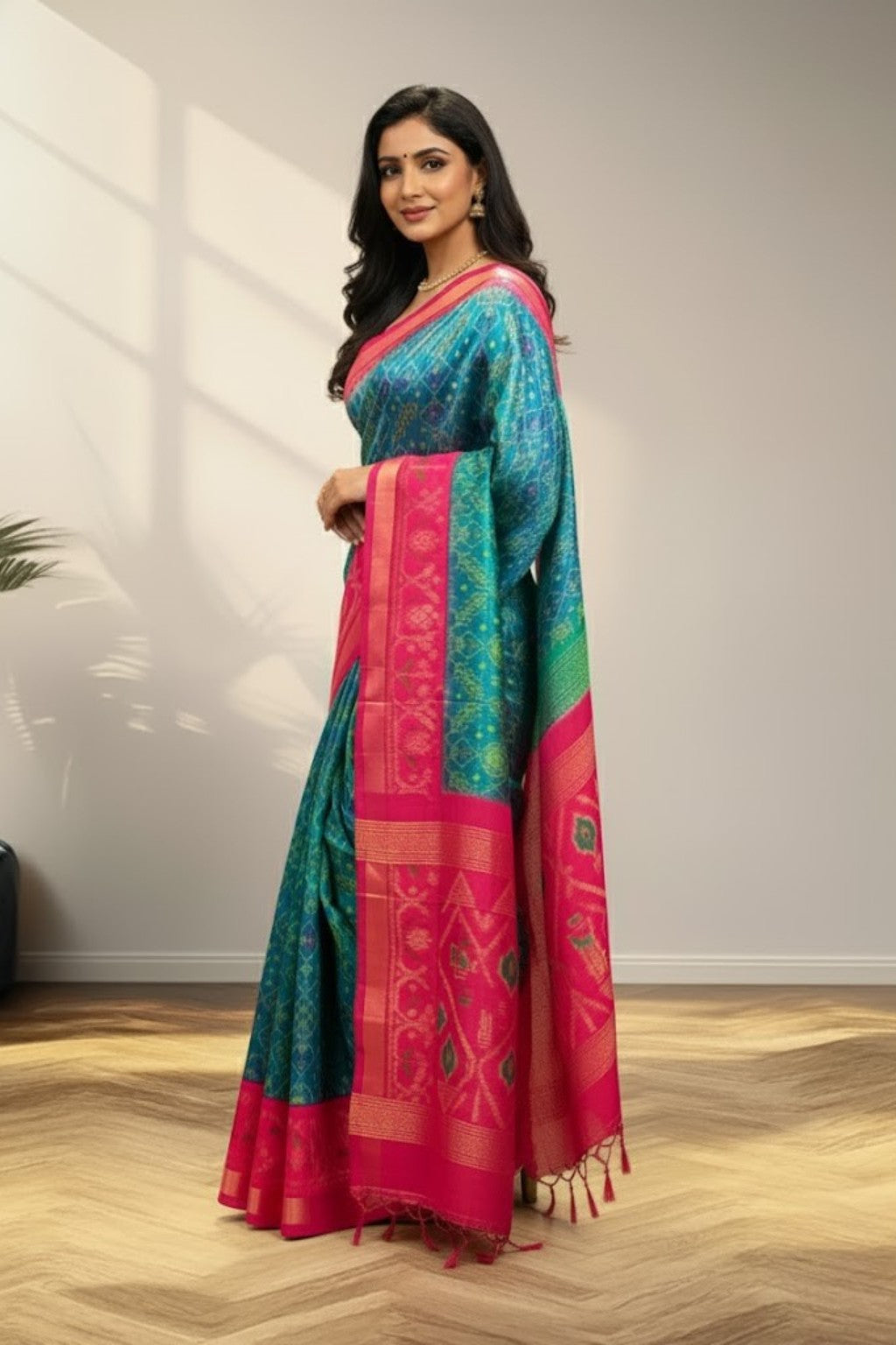 Green and pink Patola Saree