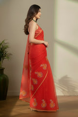Red jamdhani saree with floral weaving work