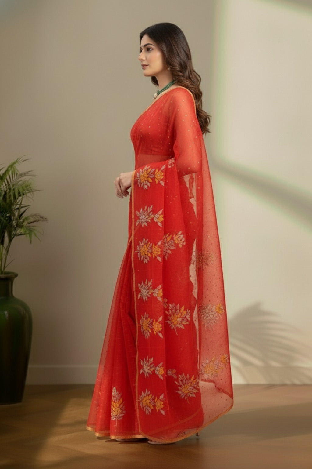 Red jamdhani saree with floral weaving work