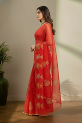 Red jamdhani saree with floral weaving work