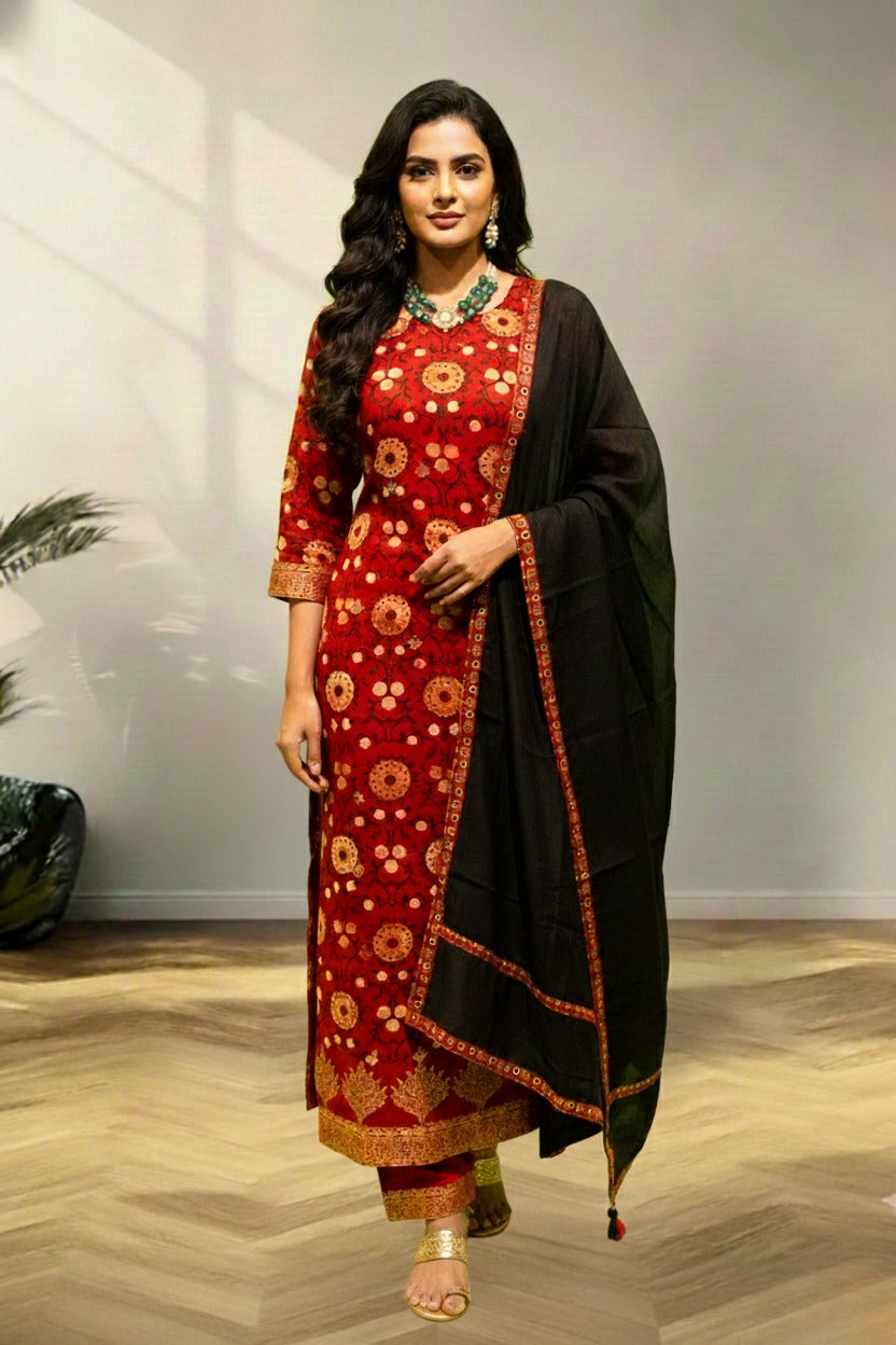 Black floral cotton kurti material