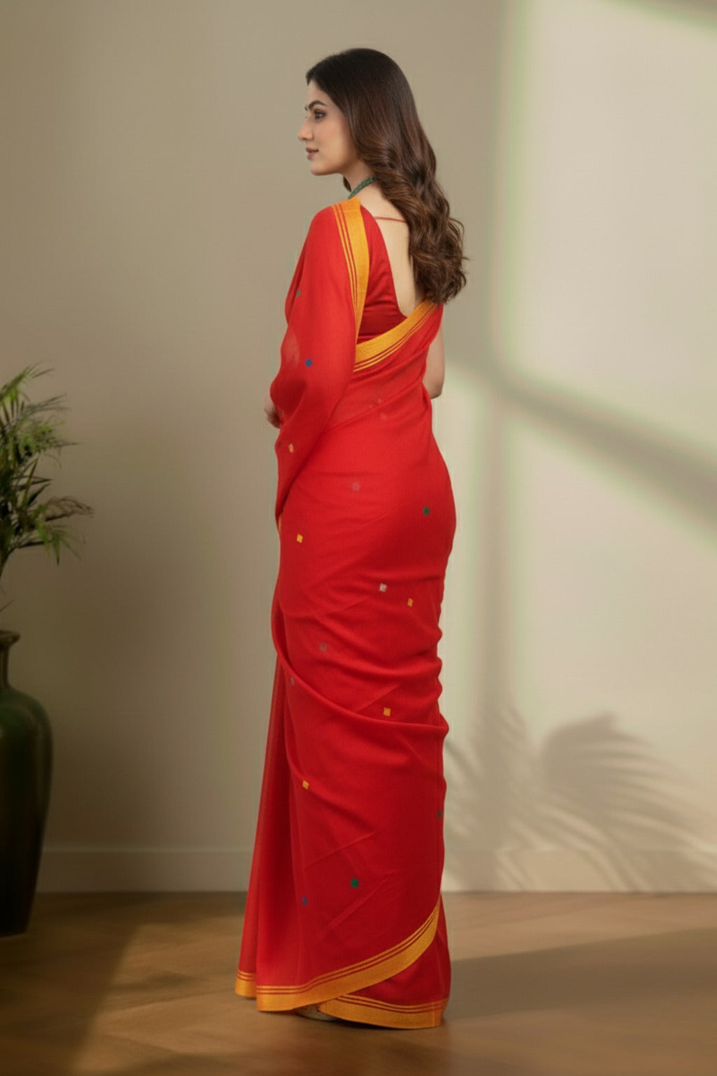 Red jamdhani with yellow border saree