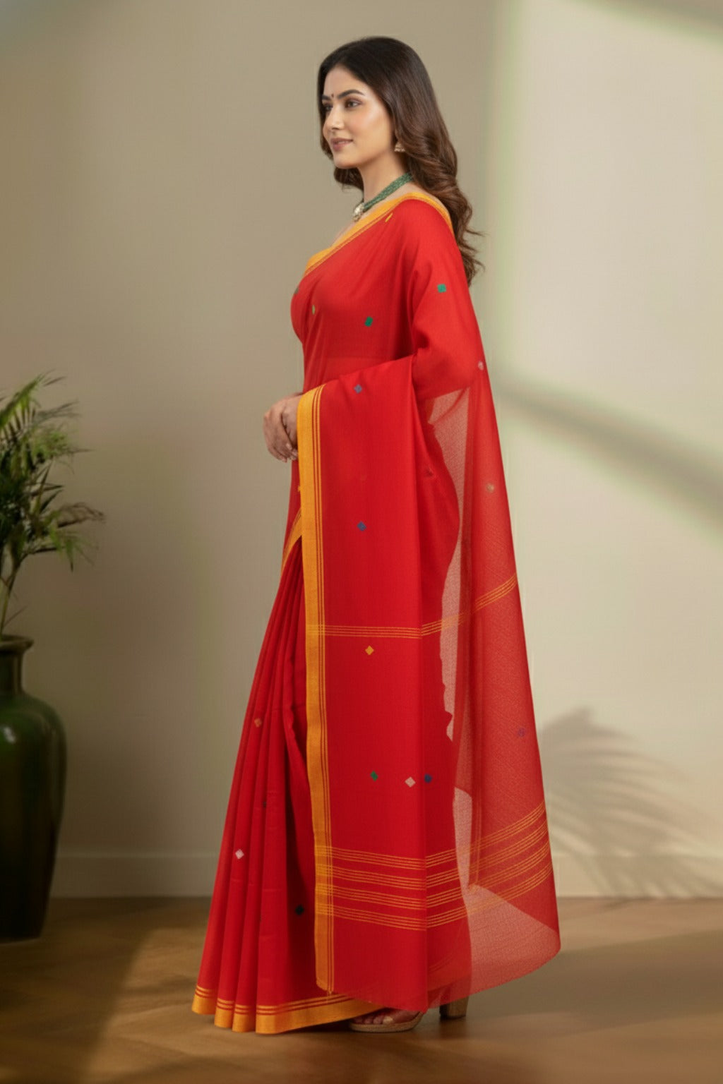Red jamdhani with yellow border saree