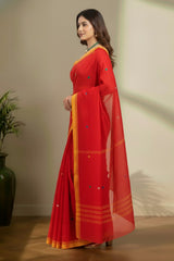 Red jamdhani with yellow border saree