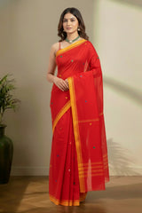 Red jamdhani with yellow border saree