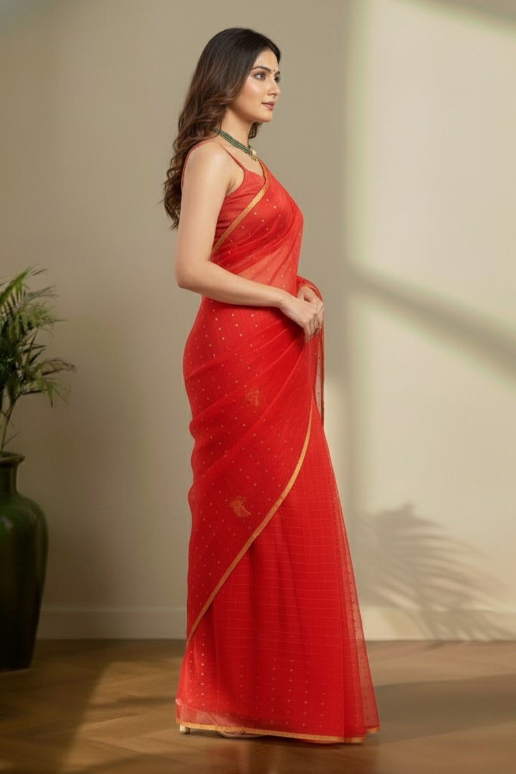 Red jamdhani with yellow border saree