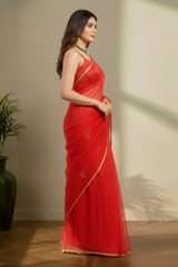 Red jamdhani with yellow border saree