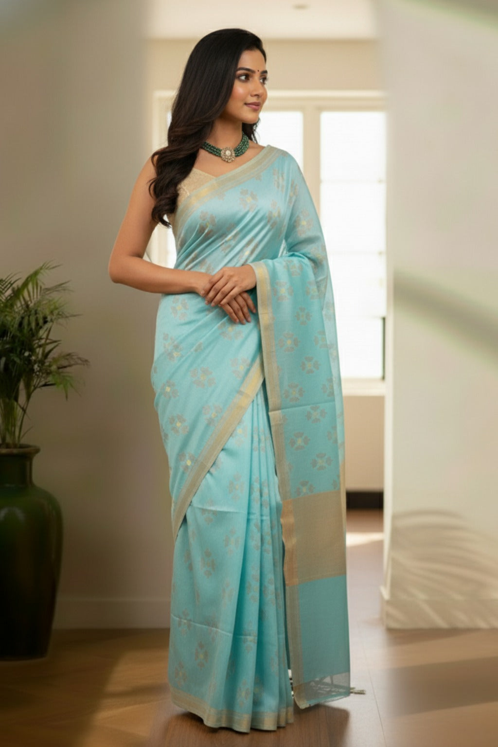 Sea Blue Jamdhani saree