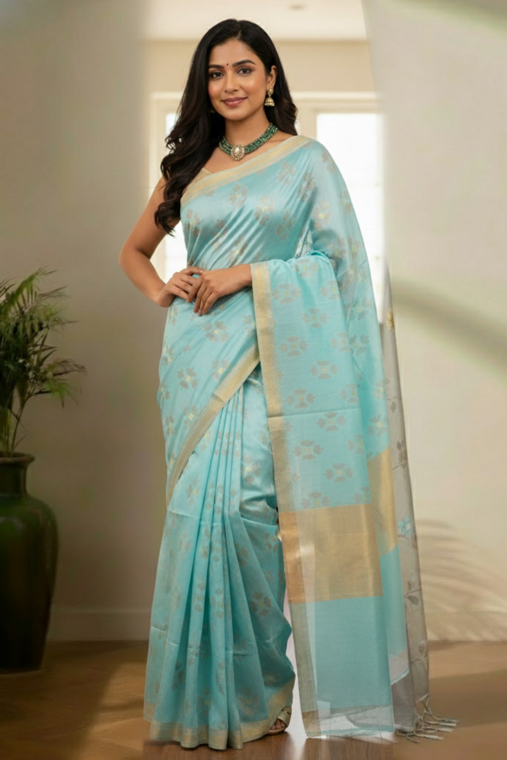 Sea Blue Jamdhani saree