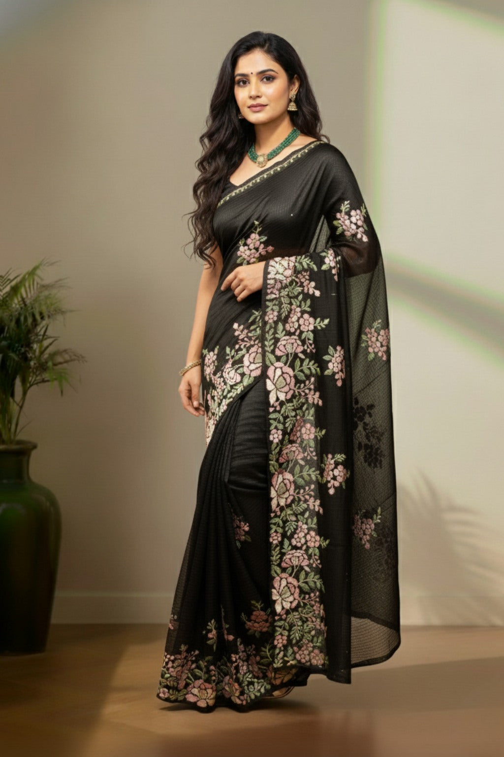 Black organza saree with floral embroidery work