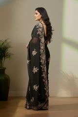 Black organza saree with floral embroidery work
