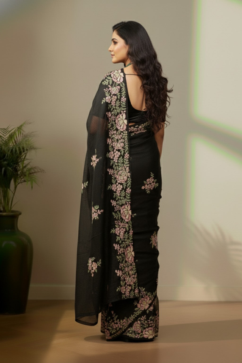 Black organza saree with floral embroidery work