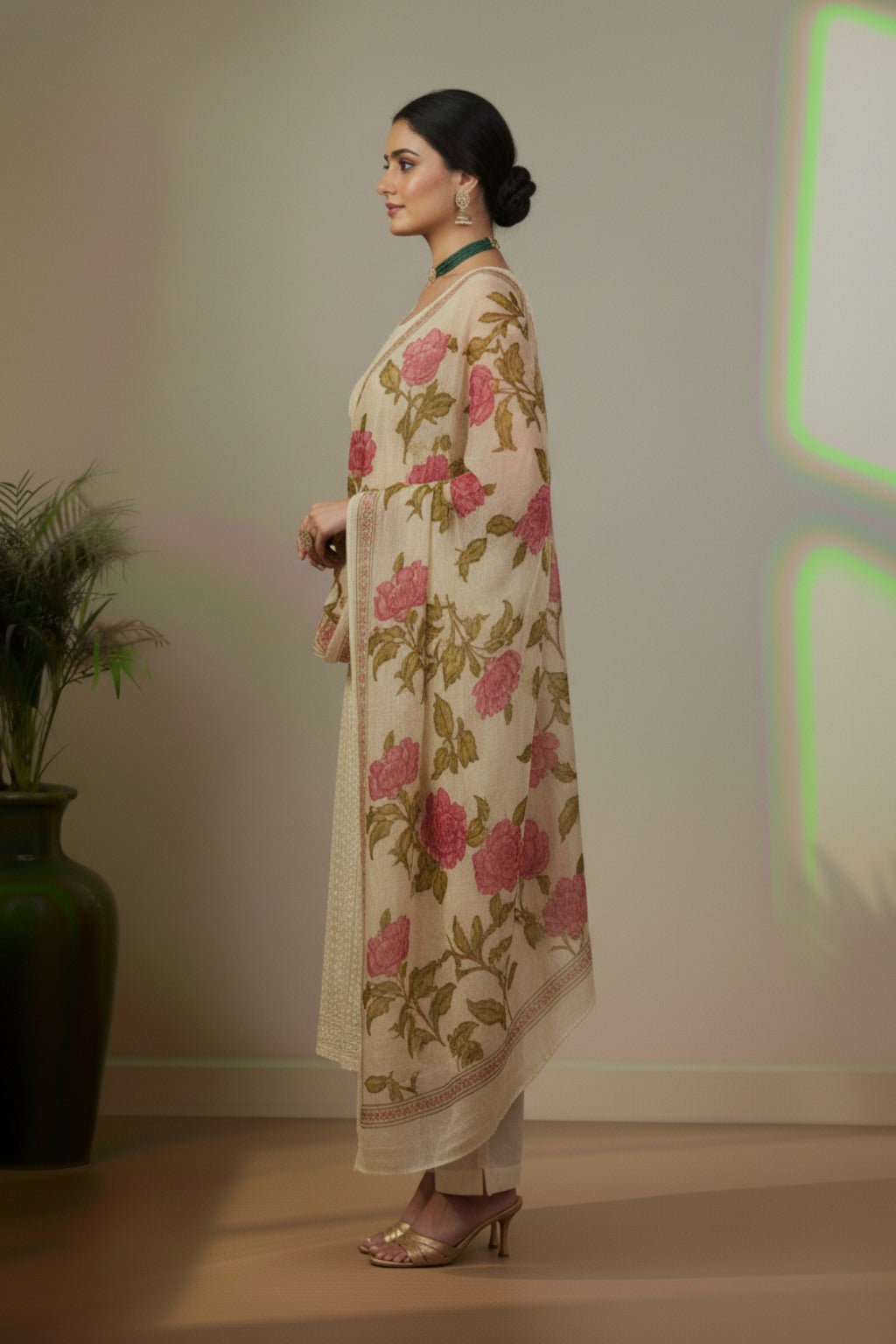 Off white Pink cotton with floral print kurti material