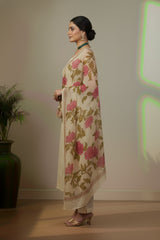 Off white Pink cotton with floral print kurti material