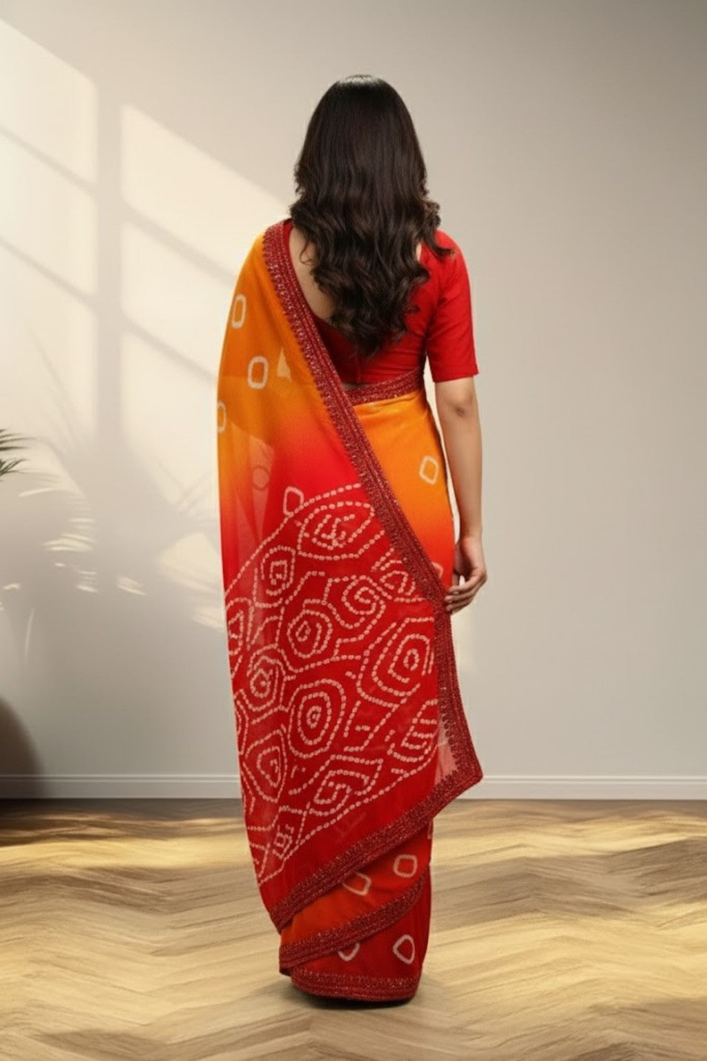 Yellow and Orange Crape Saree