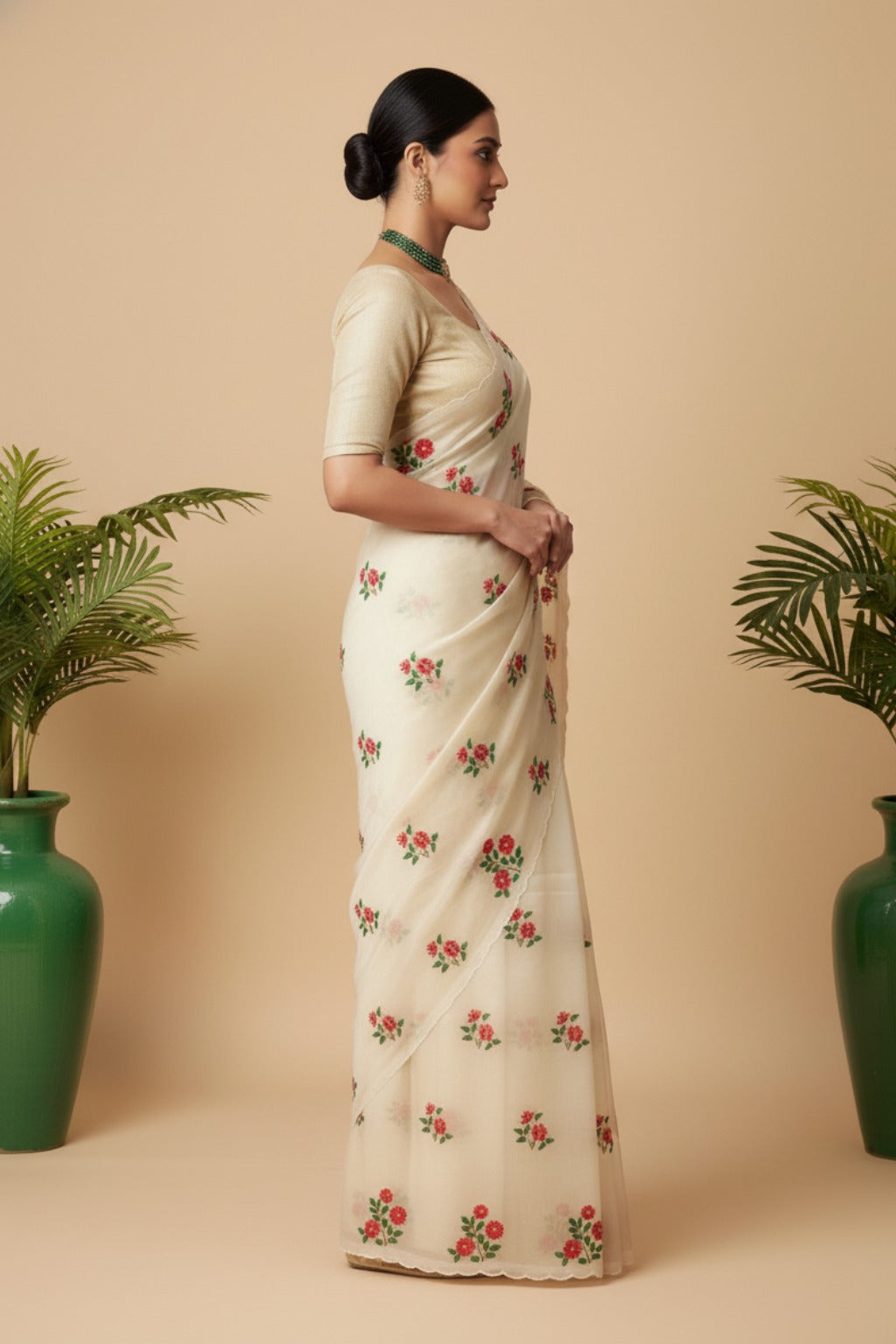 White organza saree with floral embroidery work
