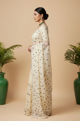 White organza saree with Polka dots