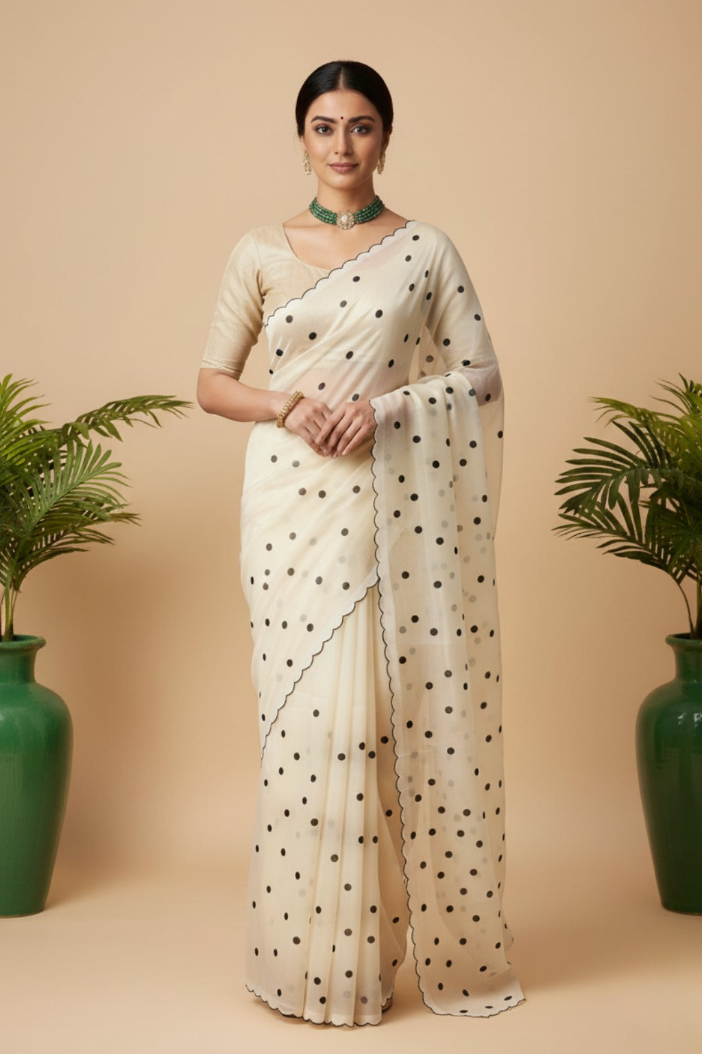 White organza saree with Polka dots