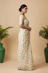 White organza saree with Polka dots