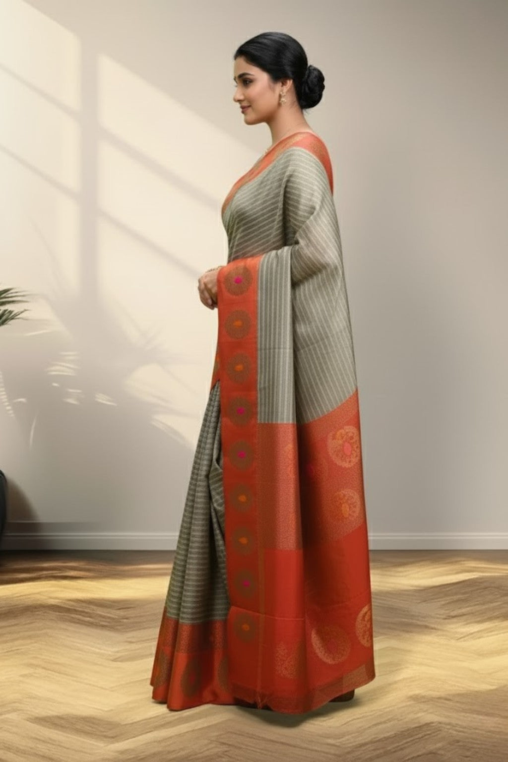 Grey and orange Banarasi Saree