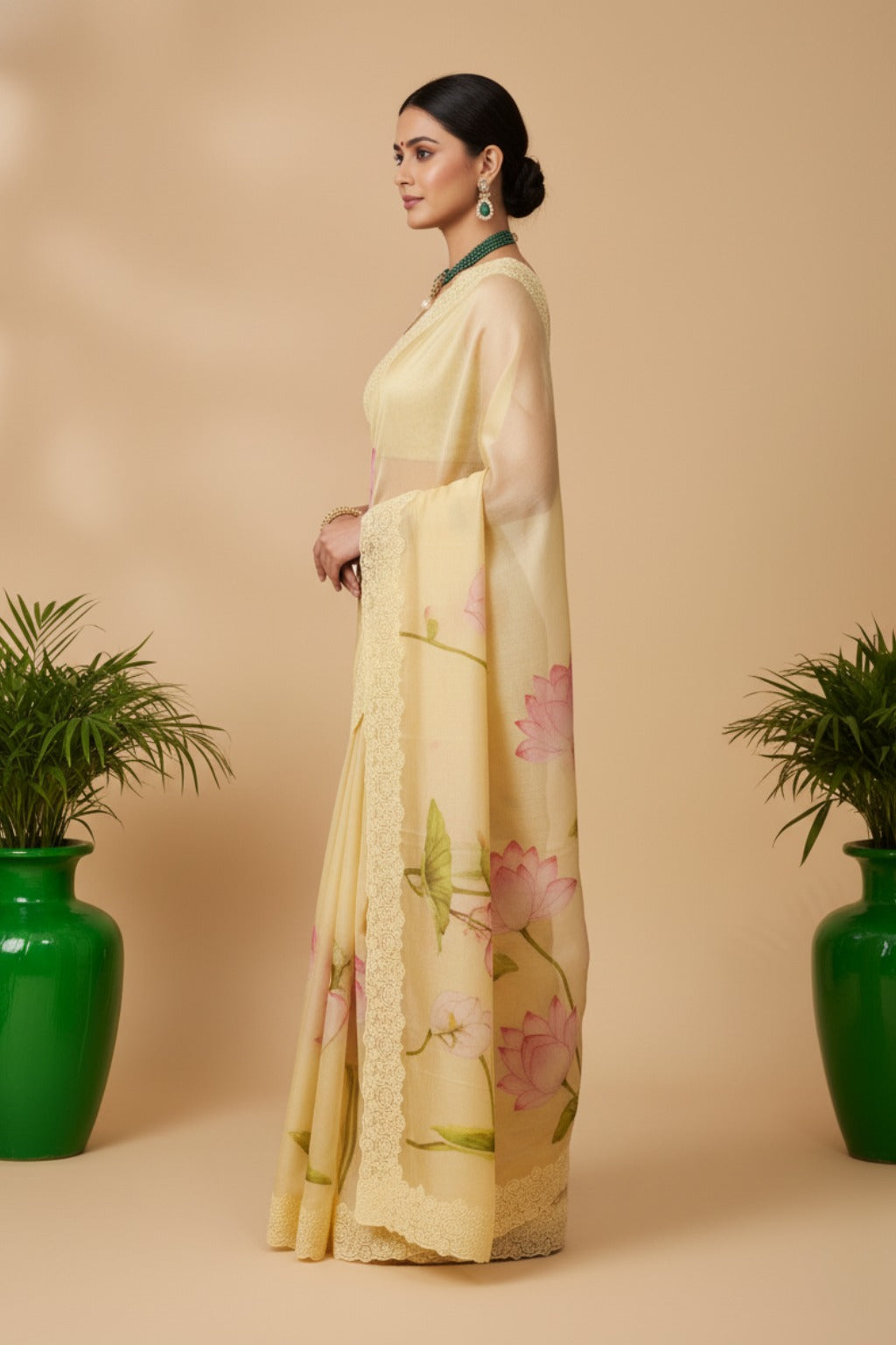 Yellow organza saree with floral print