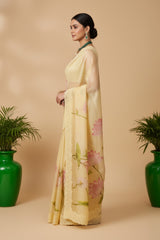 Yellow organza saree with floral print