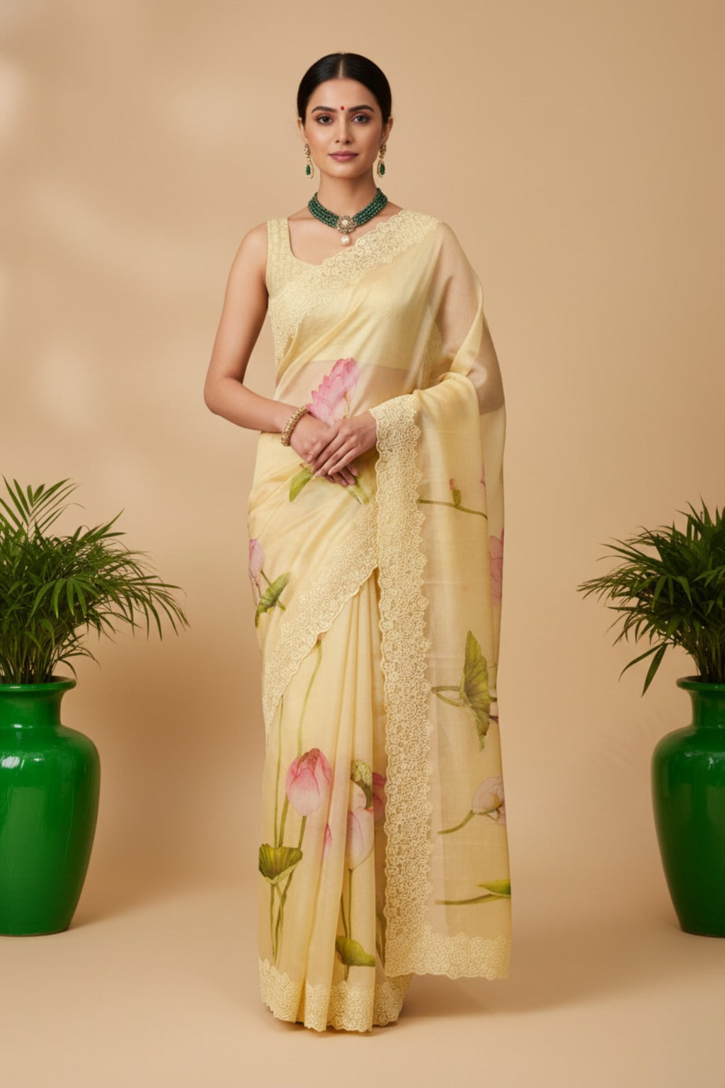 Yellow organza saree with floral print