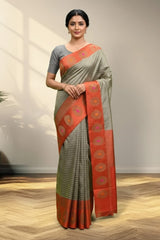 Grey and orange Banarasi Saree